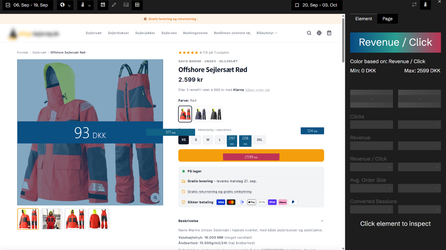 Heatmap of a product page in Historian, coloured by revenue per click