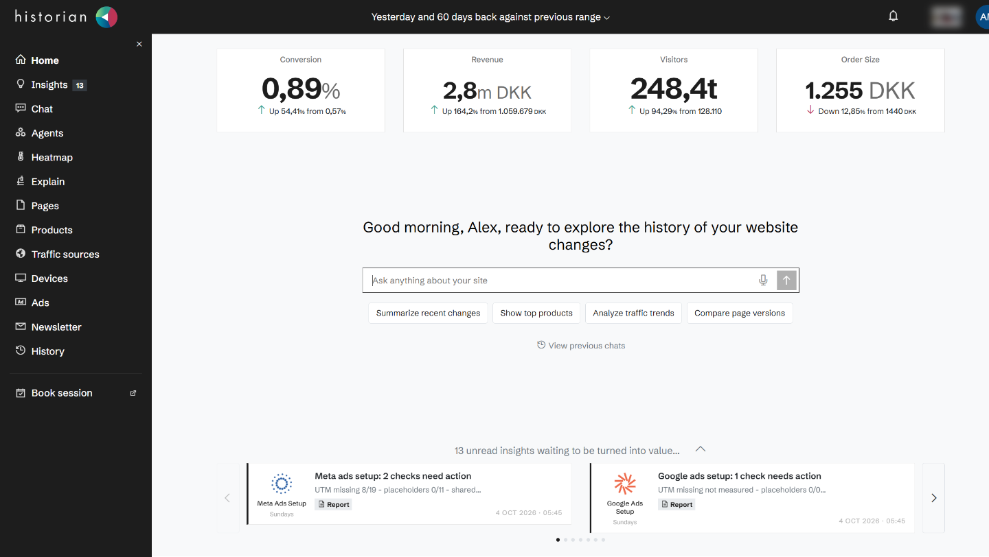 Historian's home screen with the latest insights and key numbers
