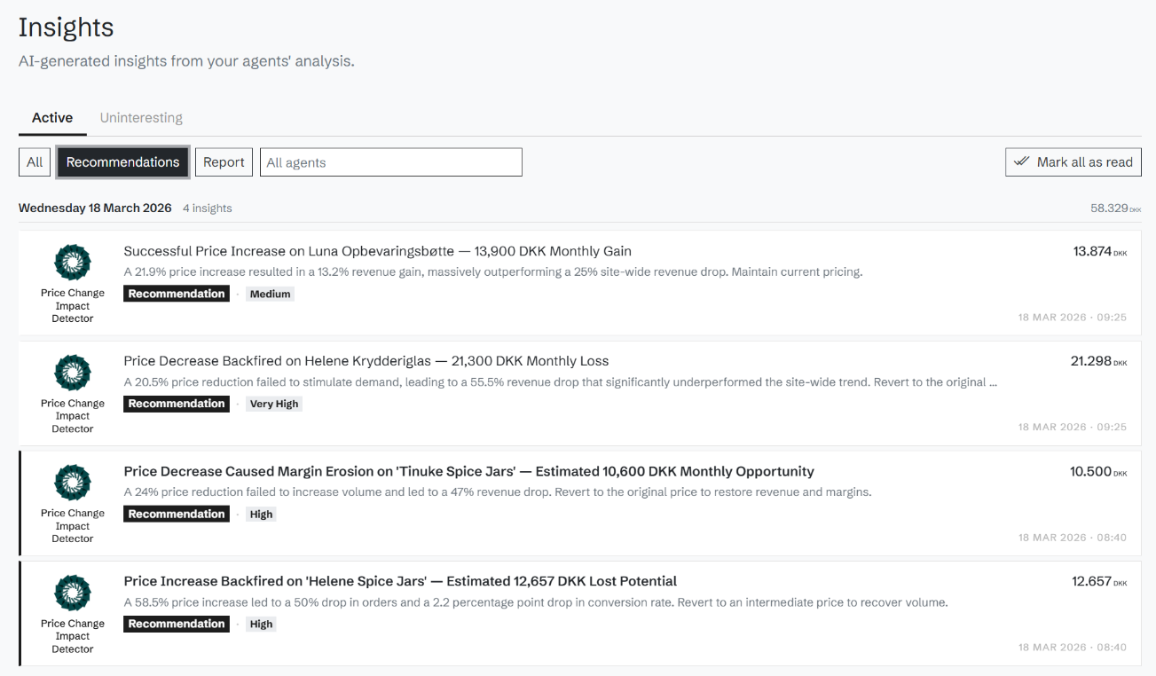 The list of insights, each with confidence and estimated revenue