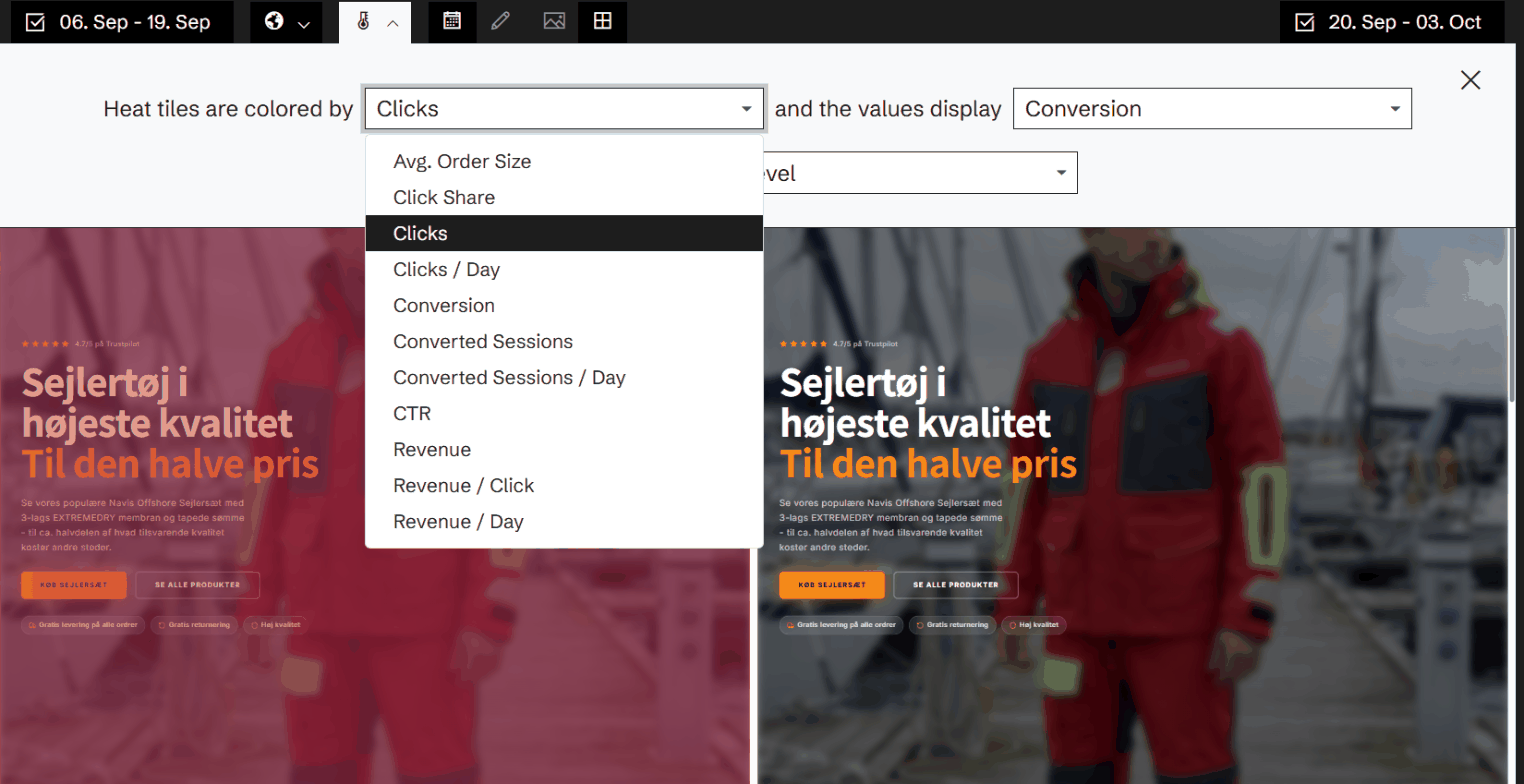 The heatmap's metric selector, from clicks to revenue per click